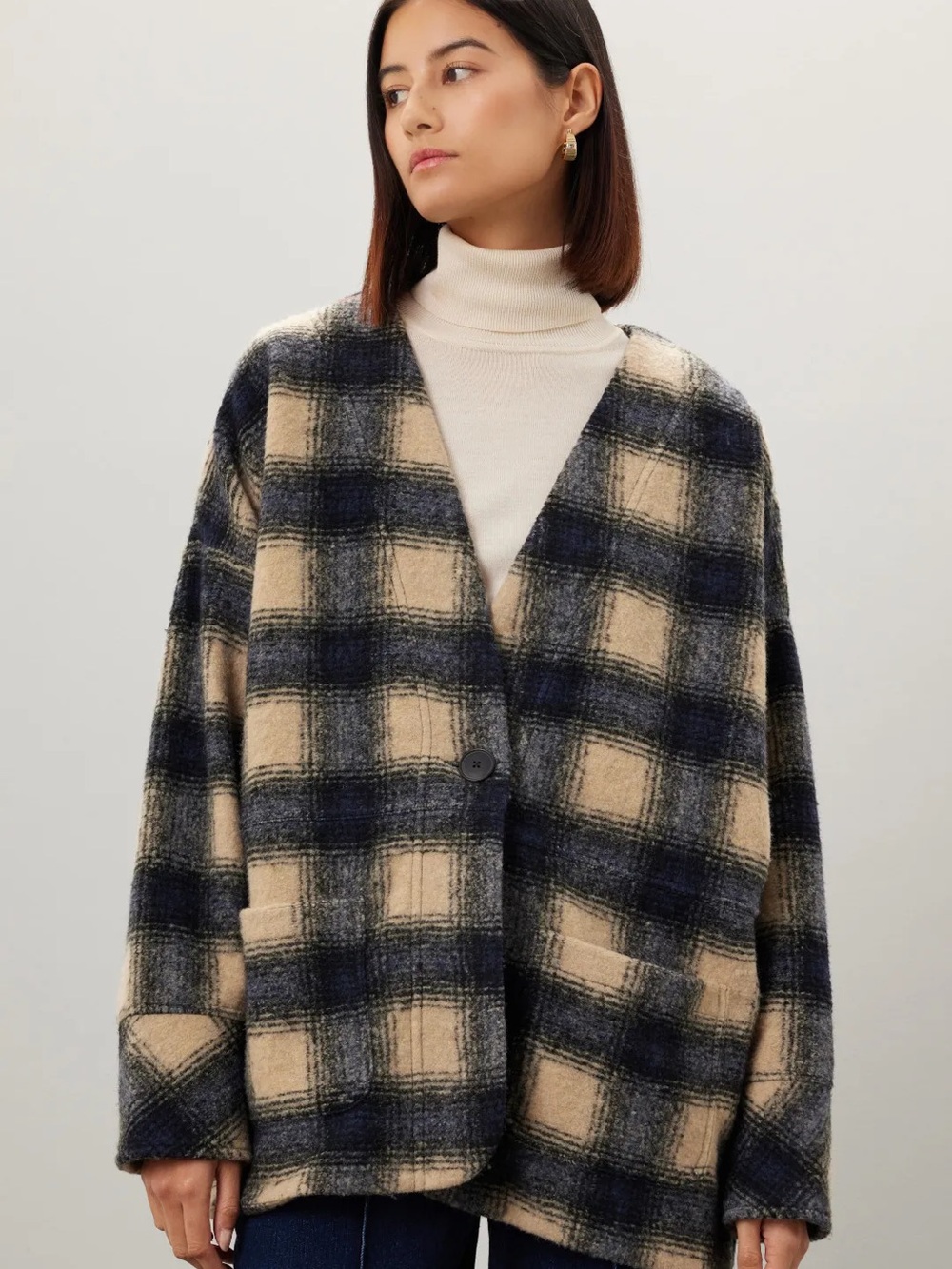 Madewell Plaid Oversized Wool-Blend Jacket in Navy and Beige